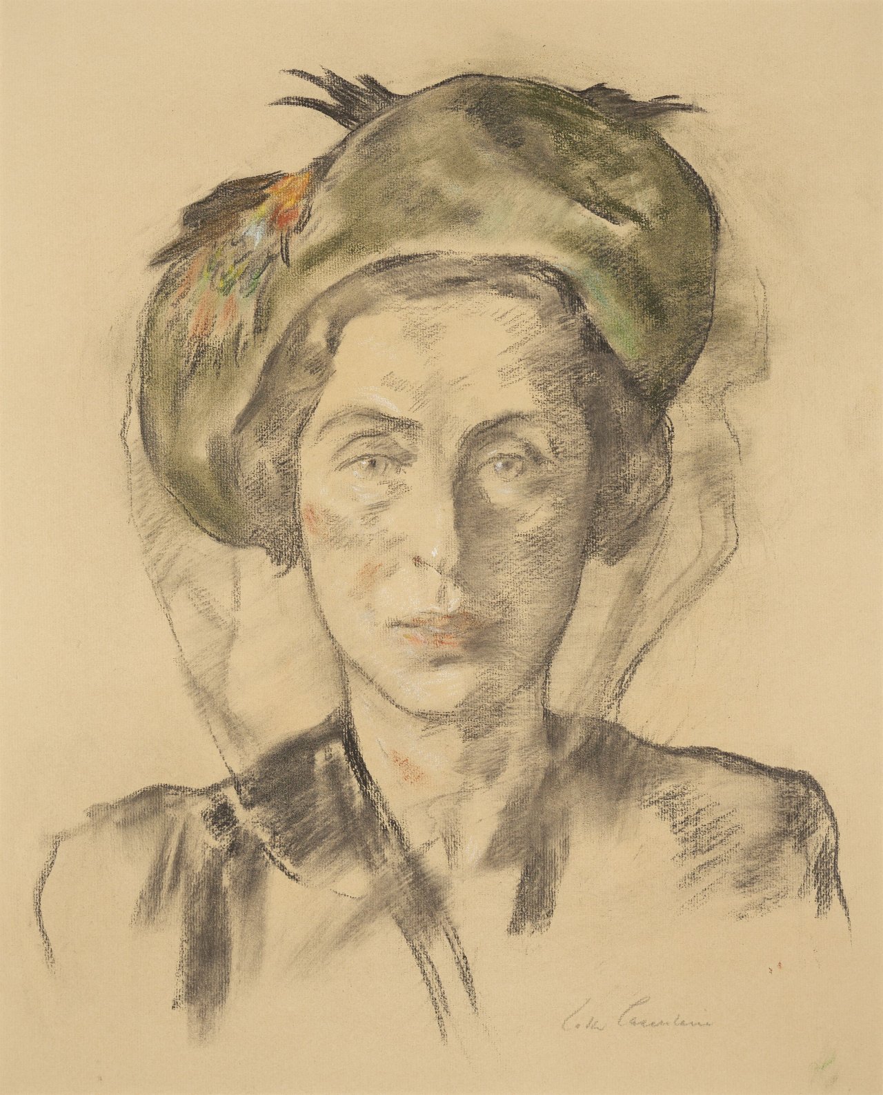 Auf diesem Bild ist das folgende Kunstwerk zu sehen: Lotte Laserstein. Porträt einer Dame mit Hut und Schleier. 1940er/1950er-Jahre.