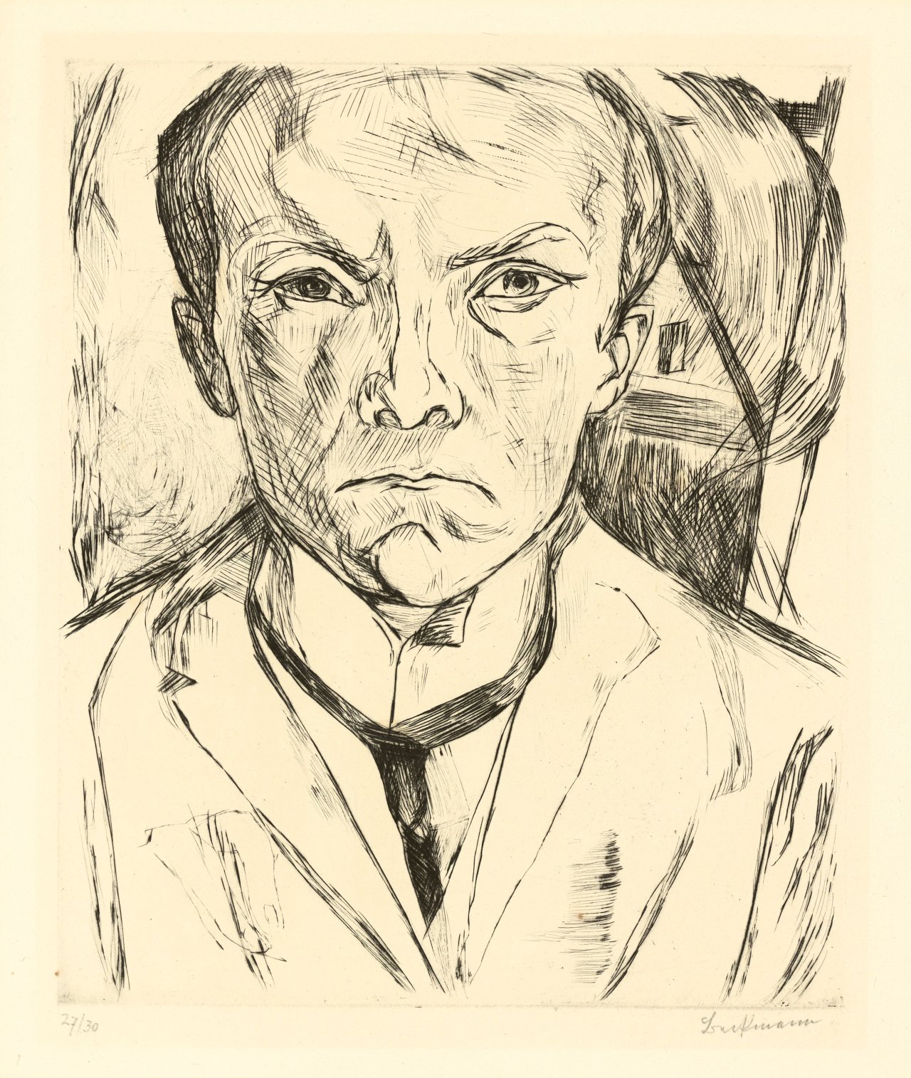 Auf diesem Bild ist das folgende Kunstwerk zu sehen: Max Beckmann. „Selbstbildnis von vorn, im Hintergrund Hausgiebel“. 1918.