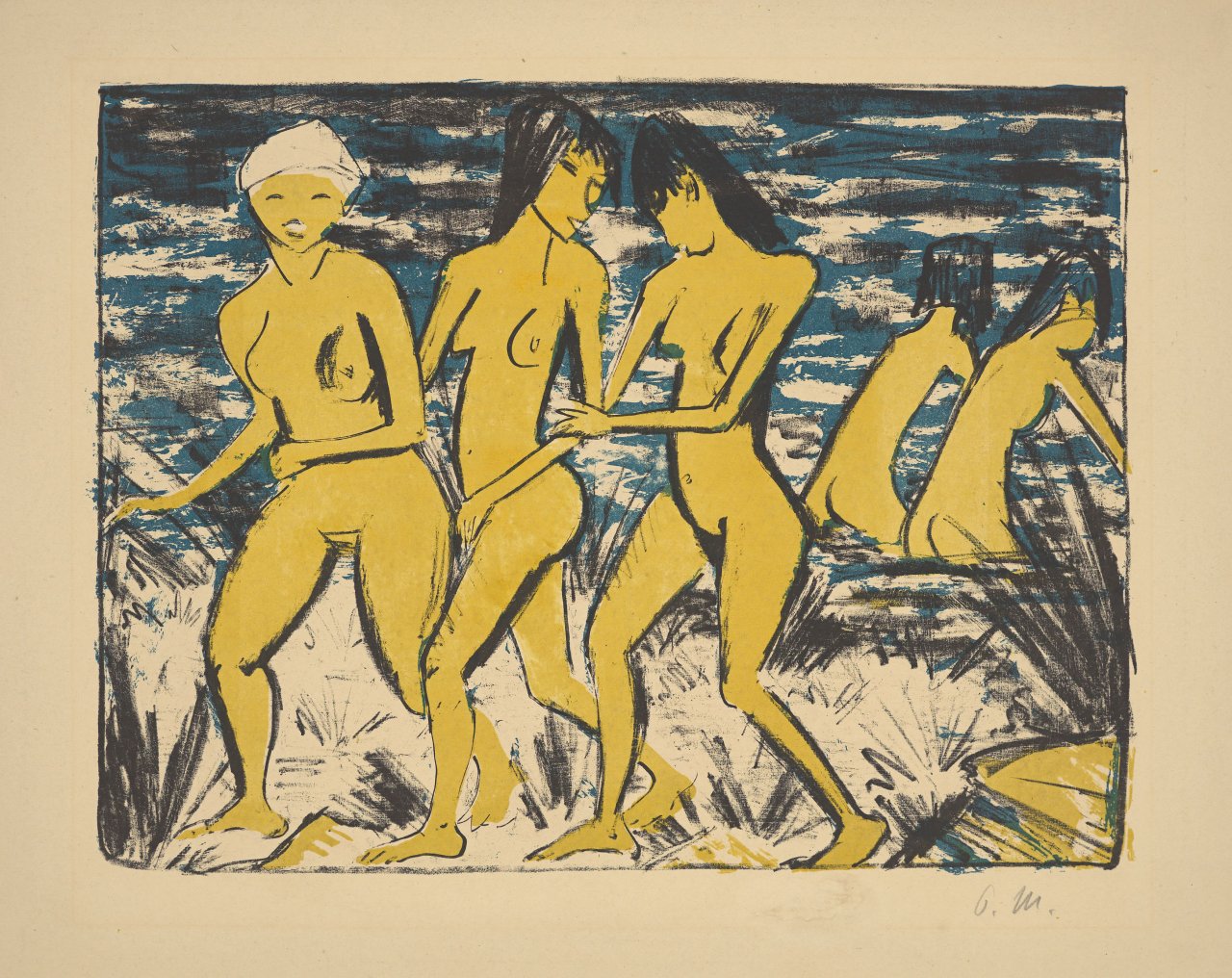 Auf diesem Bild ist das folgende Kunstwerk zu sehen: Otto Mueller. „Fünf Gelbe Akte am Wasser“. 1921.