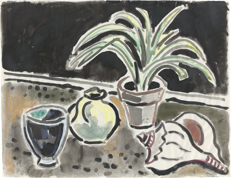 Auf diesem Bild ist das folgende Kunstwerk zu sehen: Karl Schmidt-Rottluff. „Stilleben mit Muschel“. Um 1950.