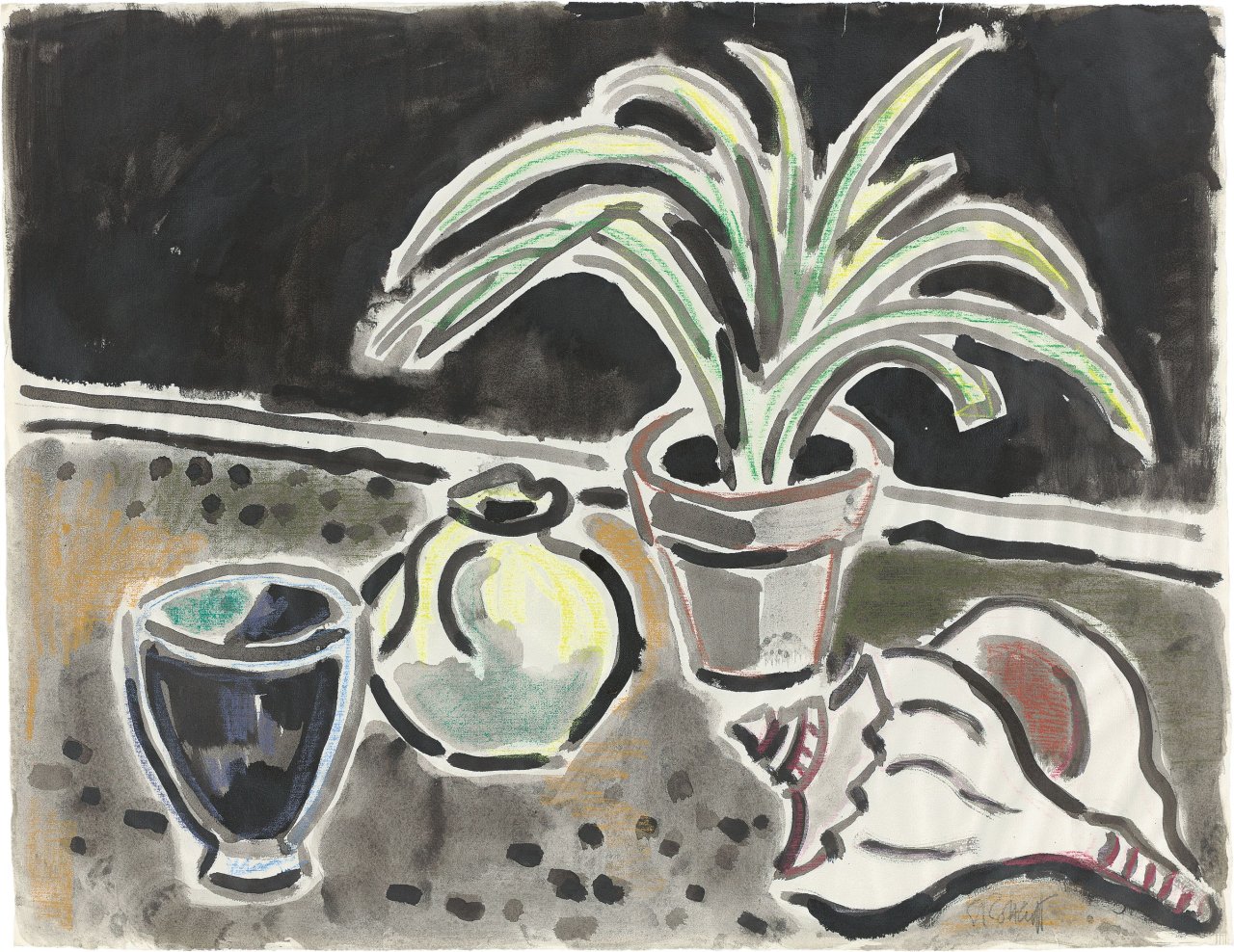 Auf diesem Bild ist das folgende Kunstwerk zu sehen: Karl Schmidt-Rottluff. „Stilleben mit Muschel“. Um 1950.