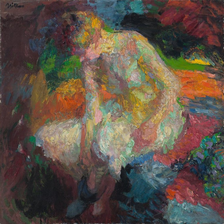 Auf diesem Bild ist das folgende Kunstwerk zu sehen: Franz Nölken. „Sitzender Akt beim Ankleiden“. 1908.