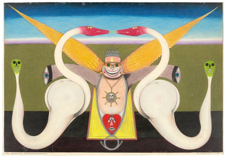 Auf diesem Bild ist das folgende Kunstwerk zu sehen: Friedrich Schröder-Sonnenstern. „DiE MORALiSChE SChWANENBESChWÖRUNG“. 1956.