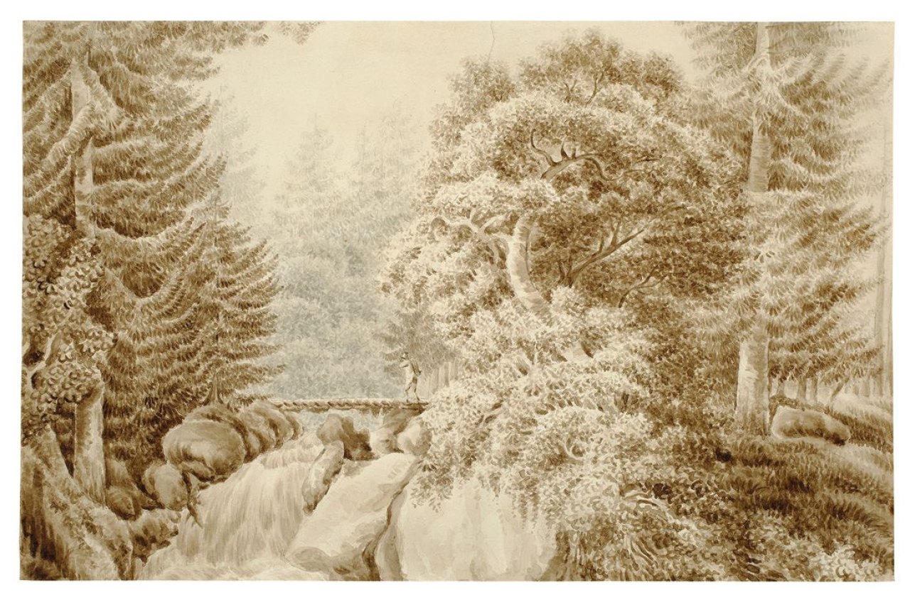 Auf diesem Bild ist das folgende Kunstwerk zu sehen: Christoph Nathe. „Kleiner Wasserfall im Wald“.