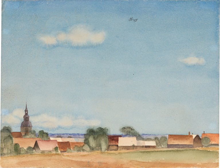 Auf diesem Bild ist das folgende Kunstwerk zu sehen: Franz Lenk. Dorfrand mit Kirche. 1926.