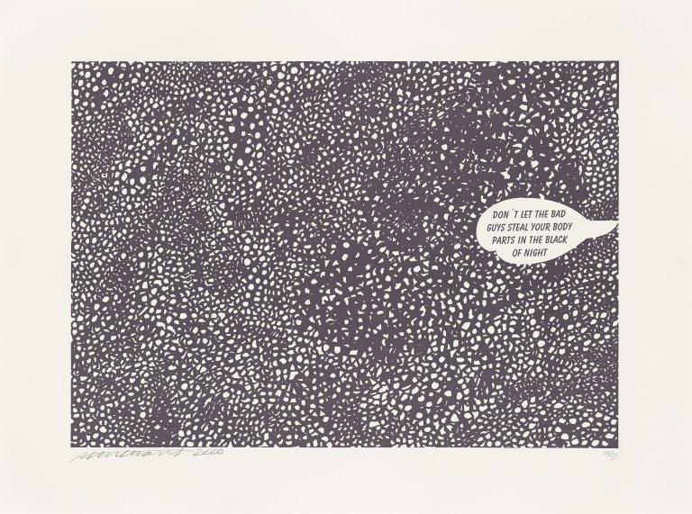 Auf diesem Bild ist das folgende Kunstwerk zu sehen: Elaine Sturtevant. „Don't let the bad guys steal your body parts in the black of the night“. 2001.