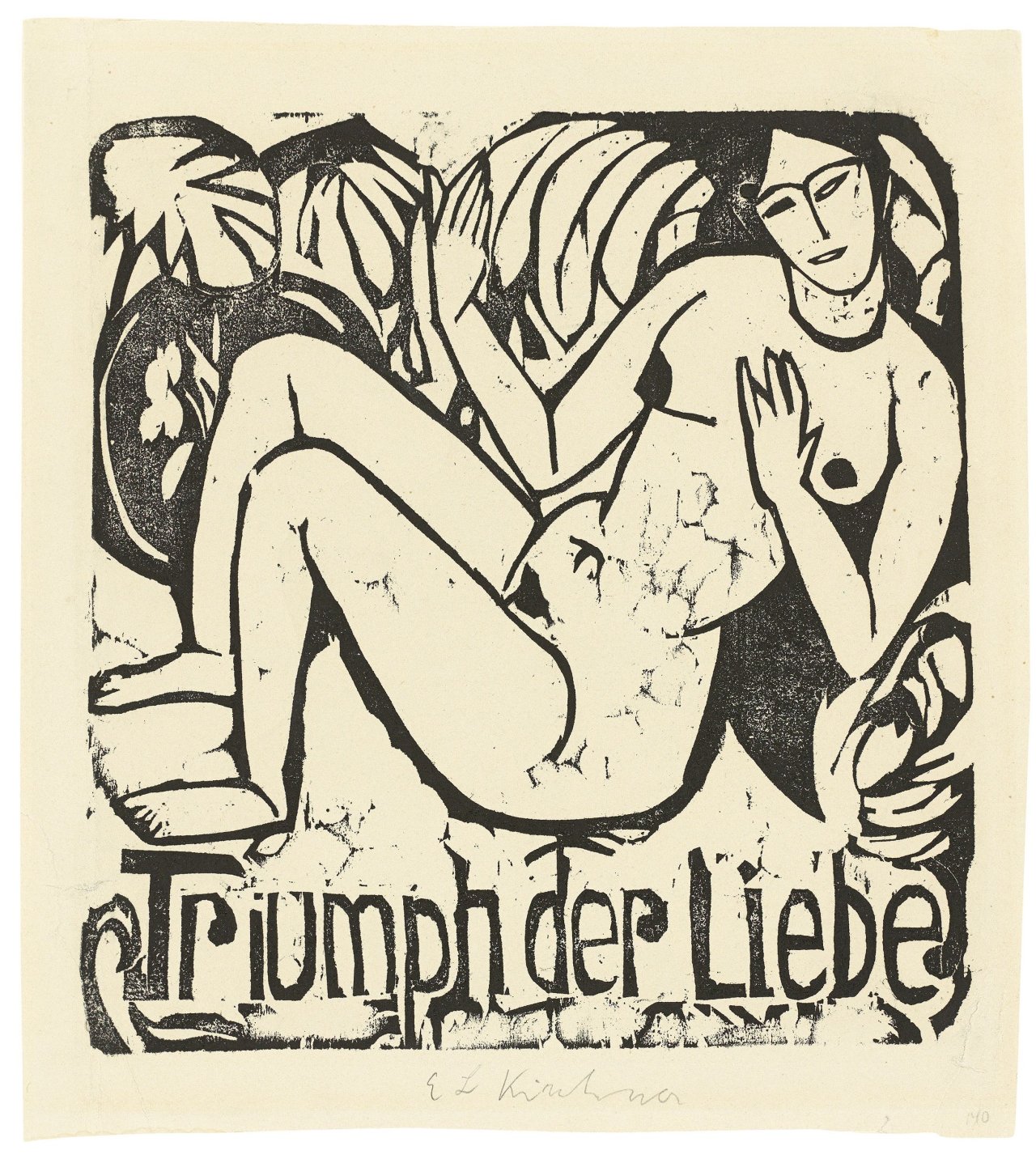 Auf diesem Bild ist das folgende Kunstwerk zu sehen: Ernst Ludwig Kirchner. „Triumph der Liebe, Titelblatt“. 1911.