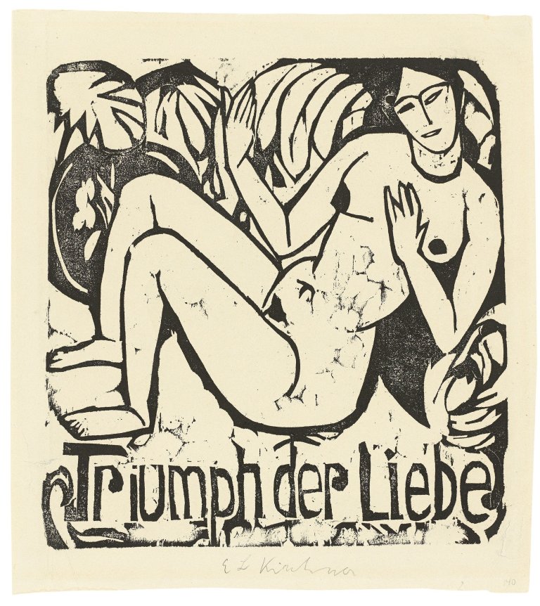 Auf diesem Bild ist das folgende Kunstwerk zu sehen: Ernst Ludwig Kirchner. „Triumph der Liebe, Titelblatt“. 1911.