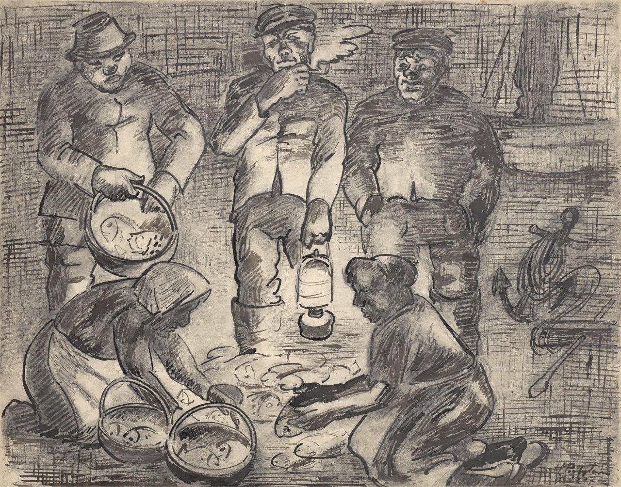 Auf diesem Bild ist das folgende Kunstwerk zu sehen: Max Pechstein. Nach dem Fischfang (Drei Fischer und zwei Frauen im Schein der Laterne). 1927.