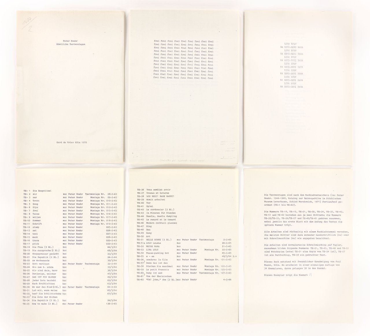 Auf diesem Bild ist das folgende Kunstwerk zu sehen: Peter Roehr. „Peter Roehr. Sämtliche Textmontagen“. 1972.