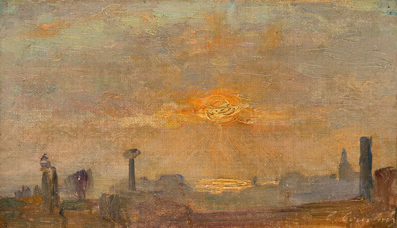 Auf diesem Bild ist das folgende Kunstwerk zu sehen: Gustave (Gustave-Claude-Etienne) Courtois. Sonnenuntergang über den Dächern der Stadt (Studie). Um 1900.