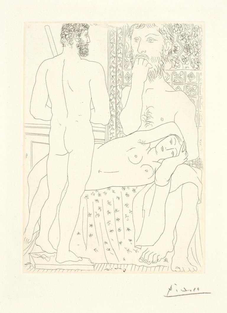 Auf diesem Bild ist das folgende Kunstwerk zu sehen: Pablo Picasso. „Sculpteur, modèle couché et autoportrait en hercule sculpté“. 1933.