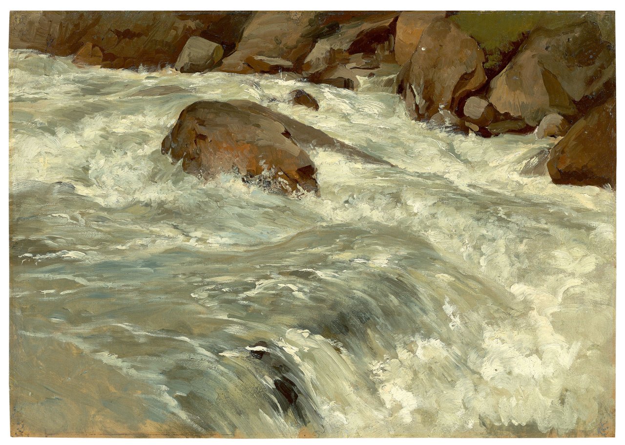 Auf diesem Bild ist das folgende Kunstwerk zu sehen: Friedrich Preller d. J.. Der Gebirgsbach Ache im Ötztal. 1901.