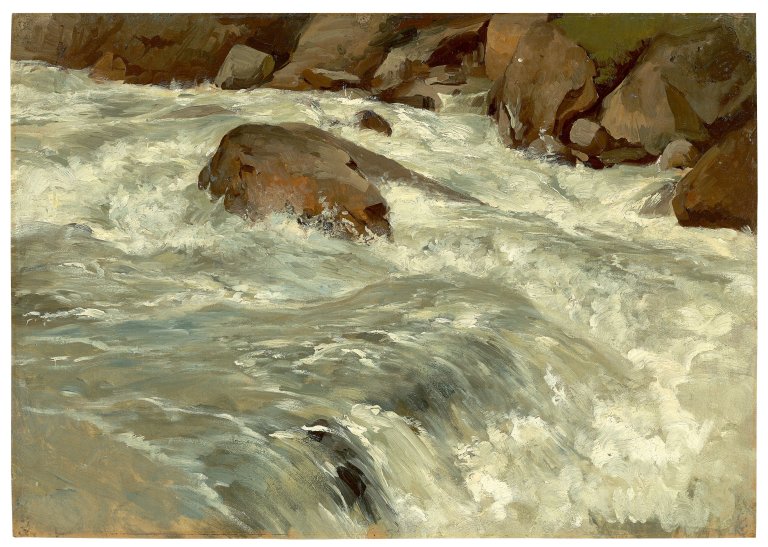 Auf diesem Bild ist das folgende Kunstwerk zu sehen: Friedrich Preller d. J.. Der Gebirgsbach Ache im Ötztal. 1901.