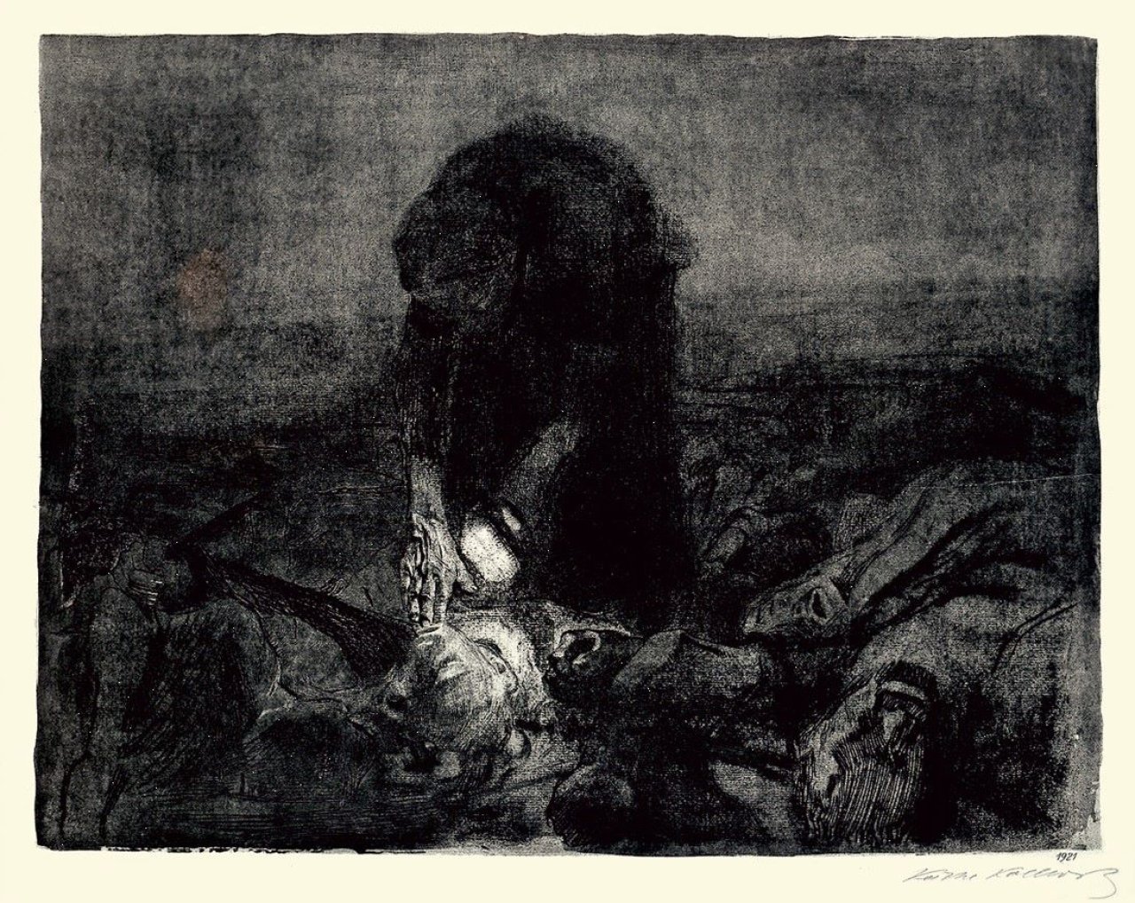 Auf diesem Bild ist das folgende Kunstwerk zu sehen: Käthe Kollwitz. „Schlachtfeld“. 1907.