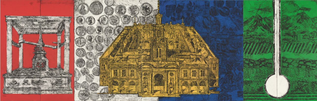 Auf diesem Bild ist das folgende Kunstwerk zu sehen: Matt Mullican. Ohne Titel (Geschichte des Geldes). 1988.