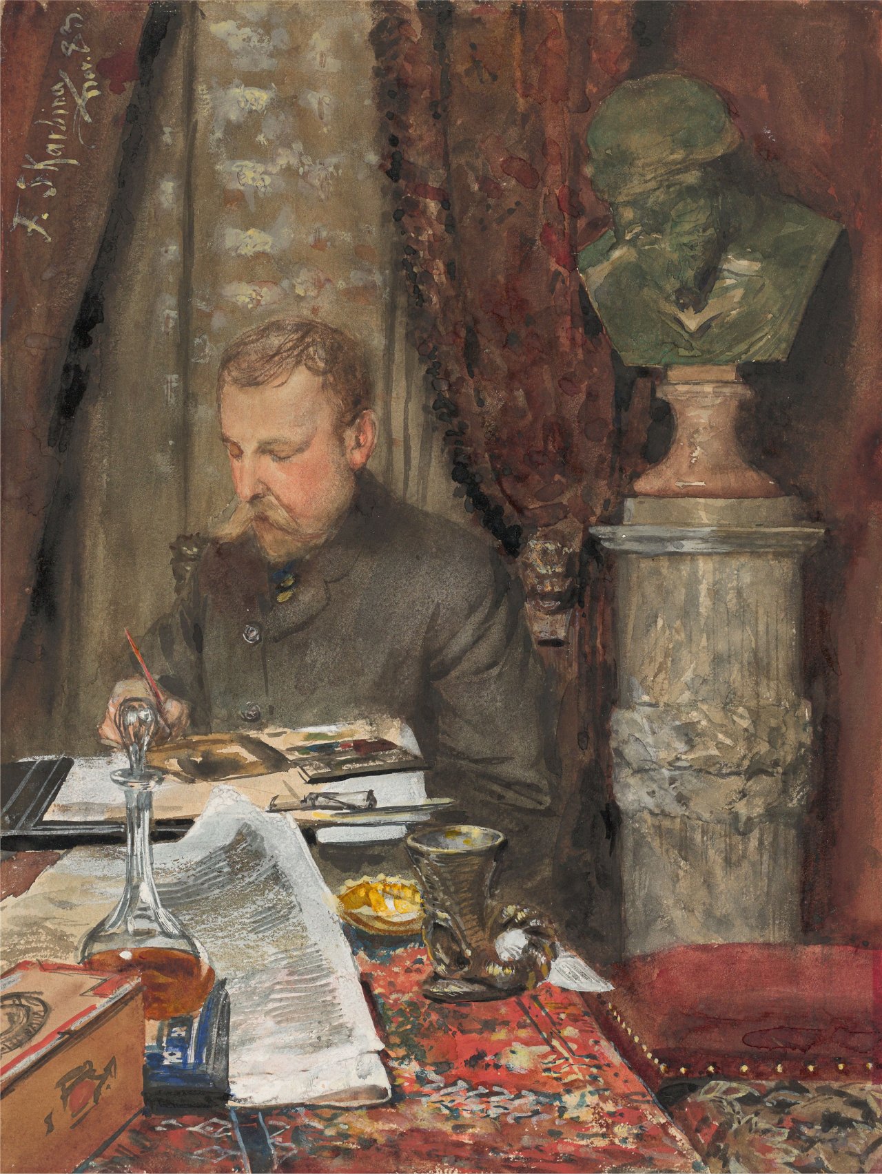 This picture shows the following artwork: Franz Skarbina. Self portrait in the studio. 1883.