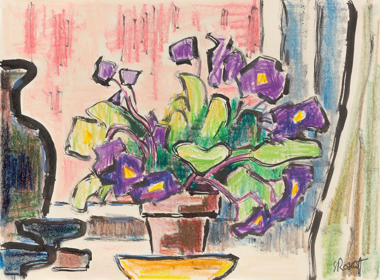 Auf diesem Bild ist das folgende Kunstwerk zu sehen: Karl Schmidt-Rottluff. „Usambaraveilchen“. Um 1955/64.