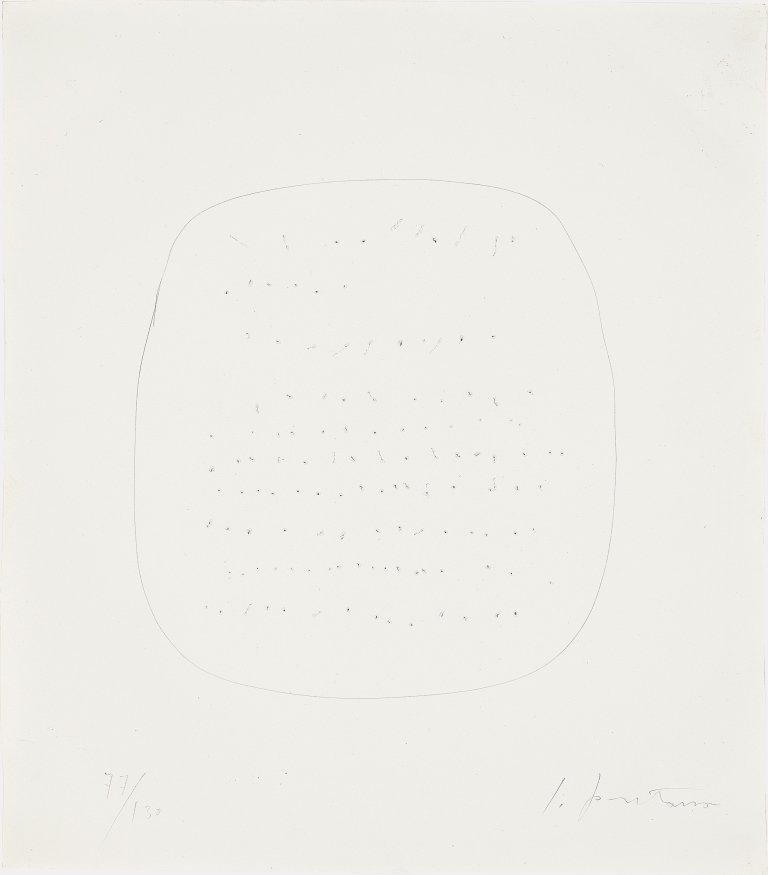 Auf diesem Bild ist das folgende Kunstwerk zu sehen: Lucio Fontana. „Concetto Spaziale“, aus „Edition Original 1“. 1962–64.