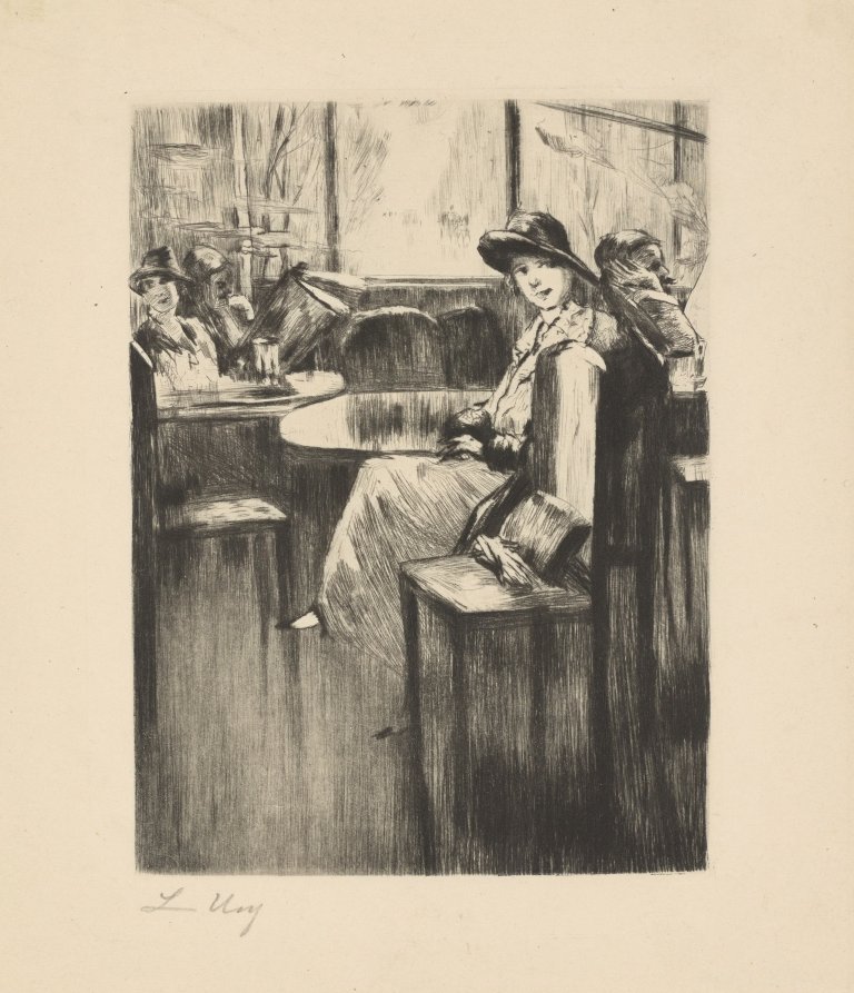 Auf diesem Bild ist das folgende Kunstwerk zu sehen: Lesser Ury. „Junges Mädchen im Café mit Straßenblick“. 1924.