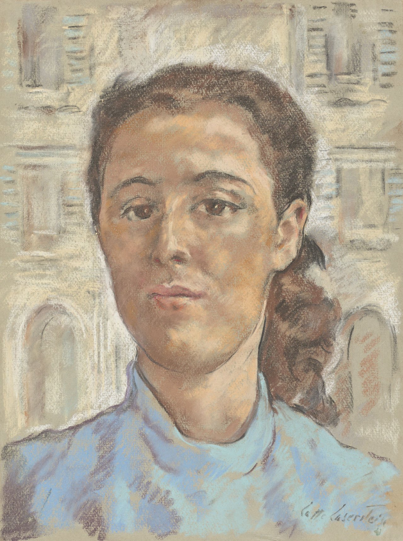 Auf diesem Bild ist das folgende Kunstwerk zu sehen: Lotte Laserstein. Porträt mit blauem Pullover.
