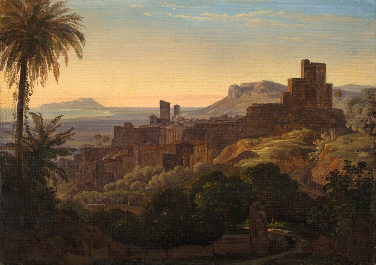 Auf diesem Bild ist das folgende Kunstwerk zu sehen:  Deutsch, um 1830. Blick auf Terracina.