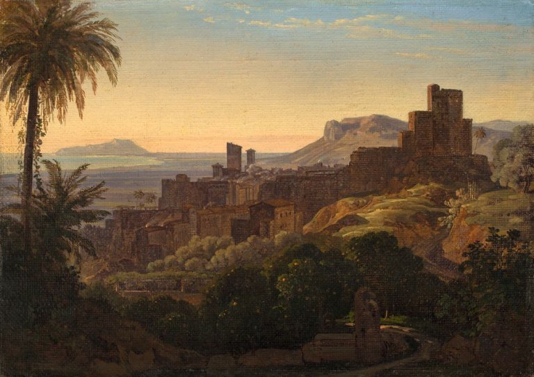 Auf diesem Bild ist das folgende Kunstwerk zu sehen:  Deutsch, um 1830. Blick auf Terracina.