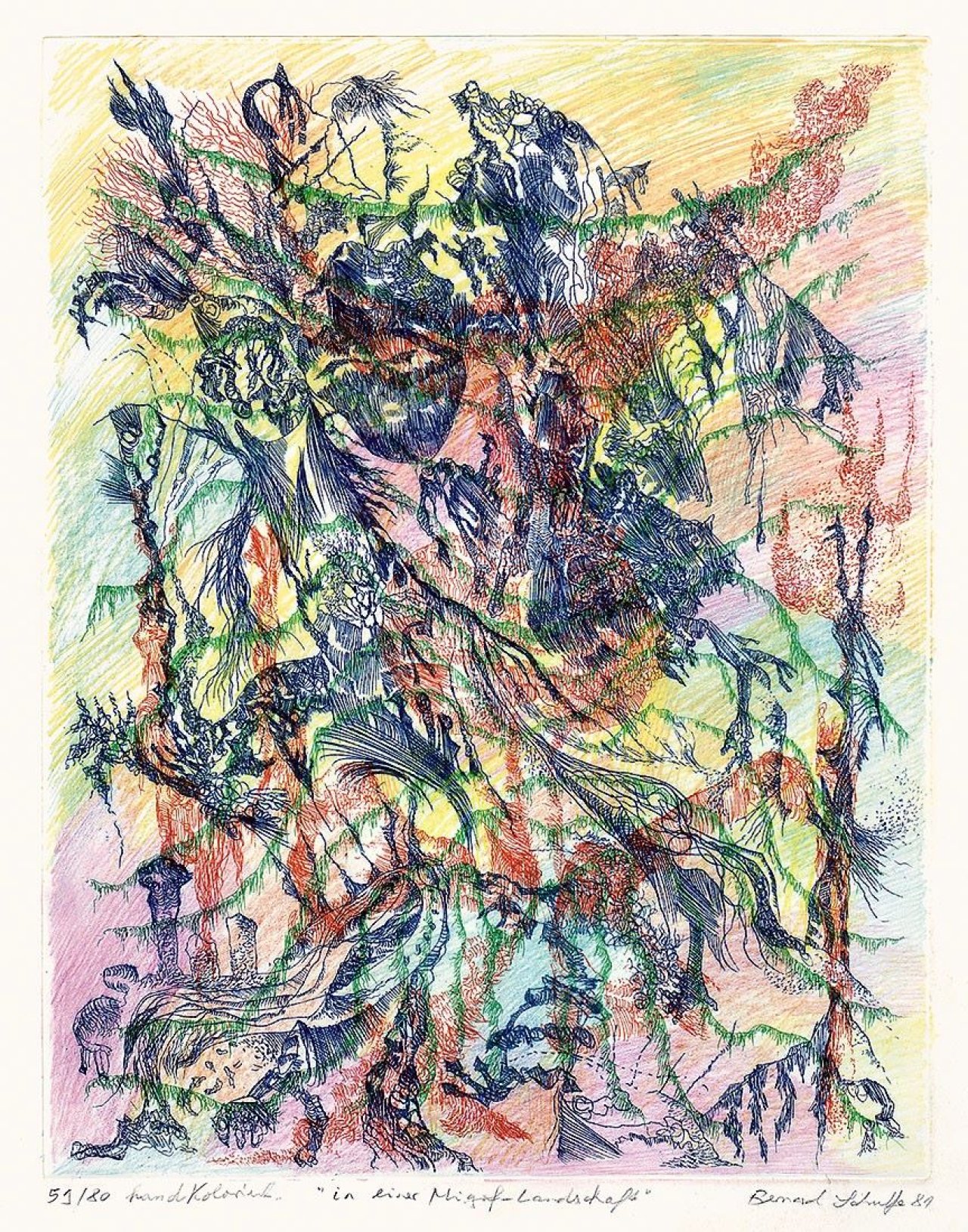 Auf diesem Bild ist das folgende Kunstwerk zu sehen: Bernard Schultze. „In einer Migoflandschaft“ / „Begegnung roter Migofs“ / Neujahrsgruß. 1981/1966/1968.