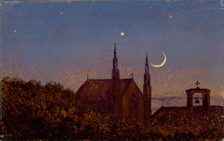 This picture shows the following artwork: Carl Gustav Carus. „Gotische Kirche über Baumwipfeln bei Mondenschein“ („Kleine Mondscheinlandschaft mit Kirchlein“). Circa 1840.