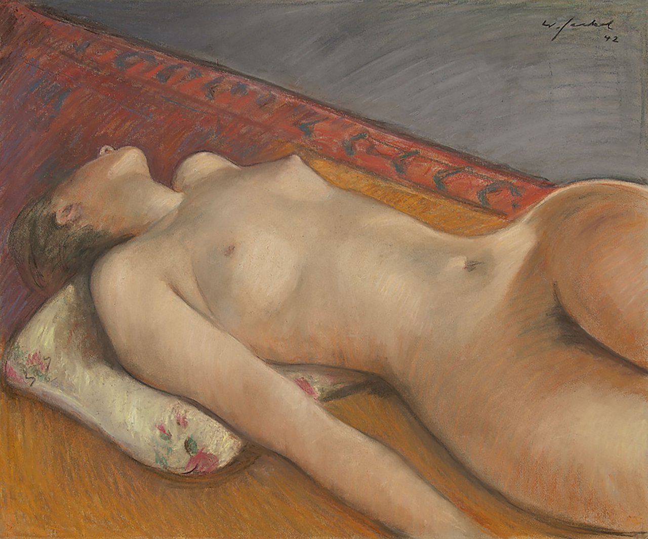 Auf diesem Bild ist das folgende Kunstwerk zu sehen: Willy Jaeckel. „Liegender Akt auf Kissen“. 1942.