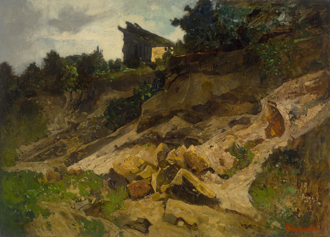 Auf diesem Bild ist das folgende Kunstwerk zu sehen: Karl Hagemeister. „Steinbruch mit Hütte“. Um 1879.