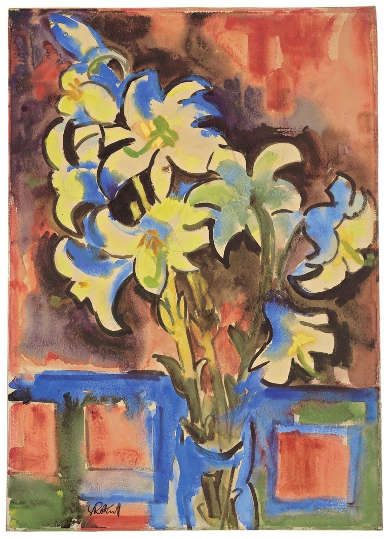 Auf diesem Bild ist das folgende Kunstwerk zu sehen: Karl Schmidt-Rottluff. Weiße Lilien. Um 1930.