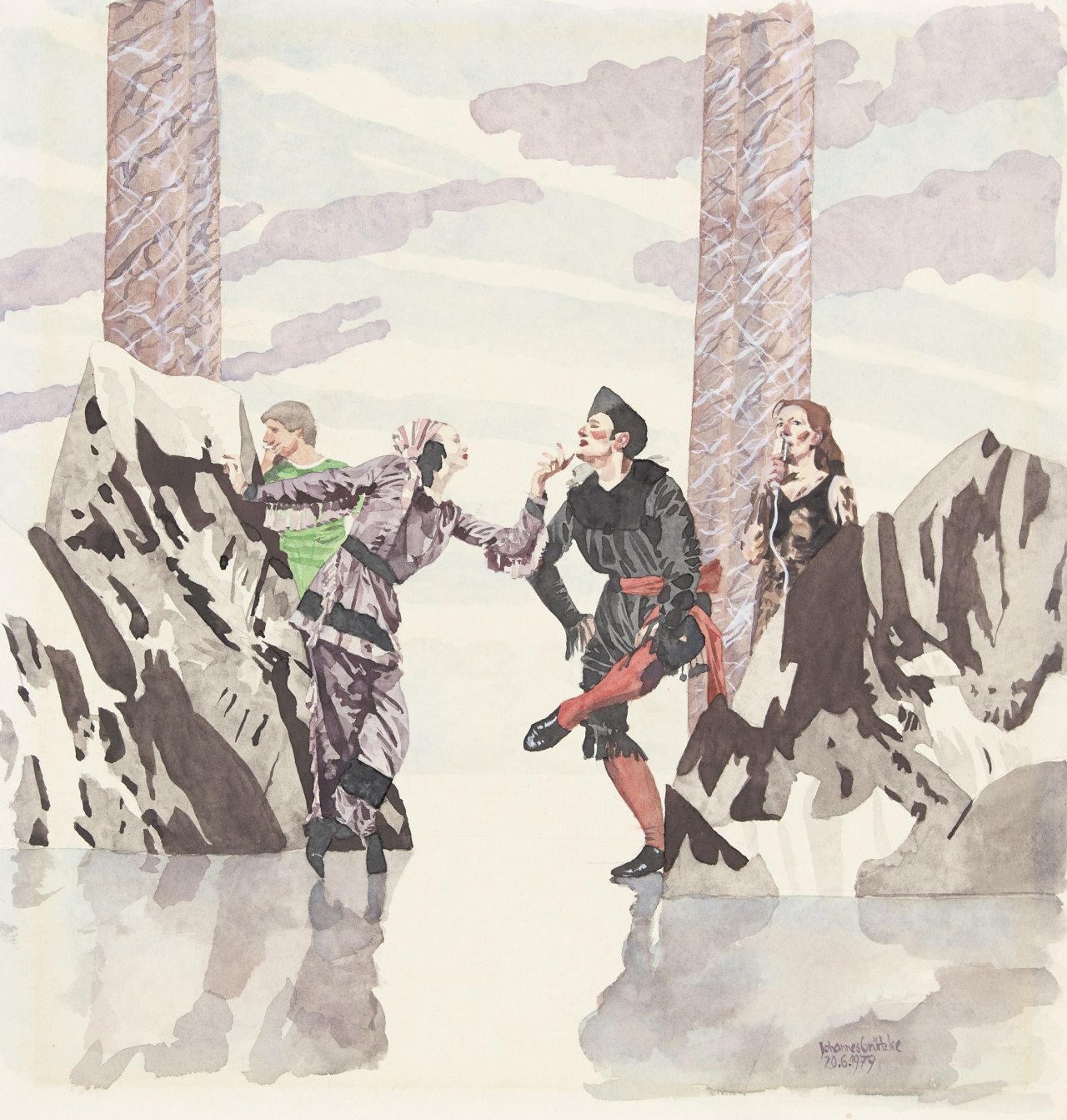 This picture shows the following artwork: Johannes Grützke. Die Schaukel, Schau in drei Variationen (Bühnenszene). 1979.