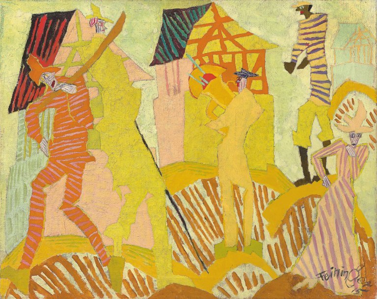 Auf diesem Bild ist das folgende Kunstwerk zu sehen: Lyonel Feininger. „Trompetenbläser im Dorf (Trumpeter in the Village)“. 1915.
