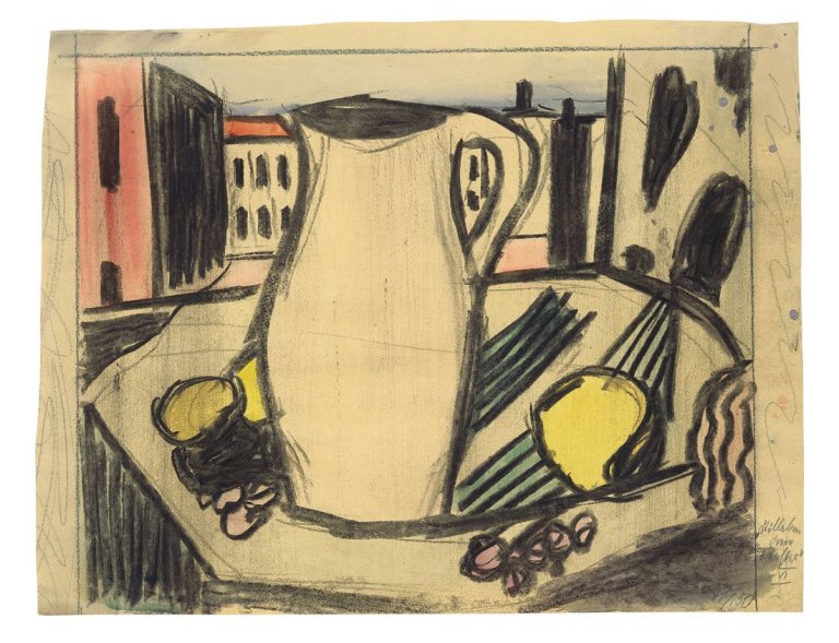 Auf diesem Bild ist das folgende Kunstwerk zu sehen: Werner Heldt. „Stilleben am Fenster VI“. 1950.
