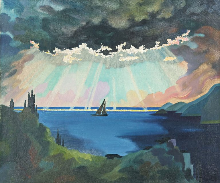 Auf diesem Bild ist das folgende Kunstwerk zu sehen: Fritz Stuckenberg. „Segelboot vor Borkum“. 1927.