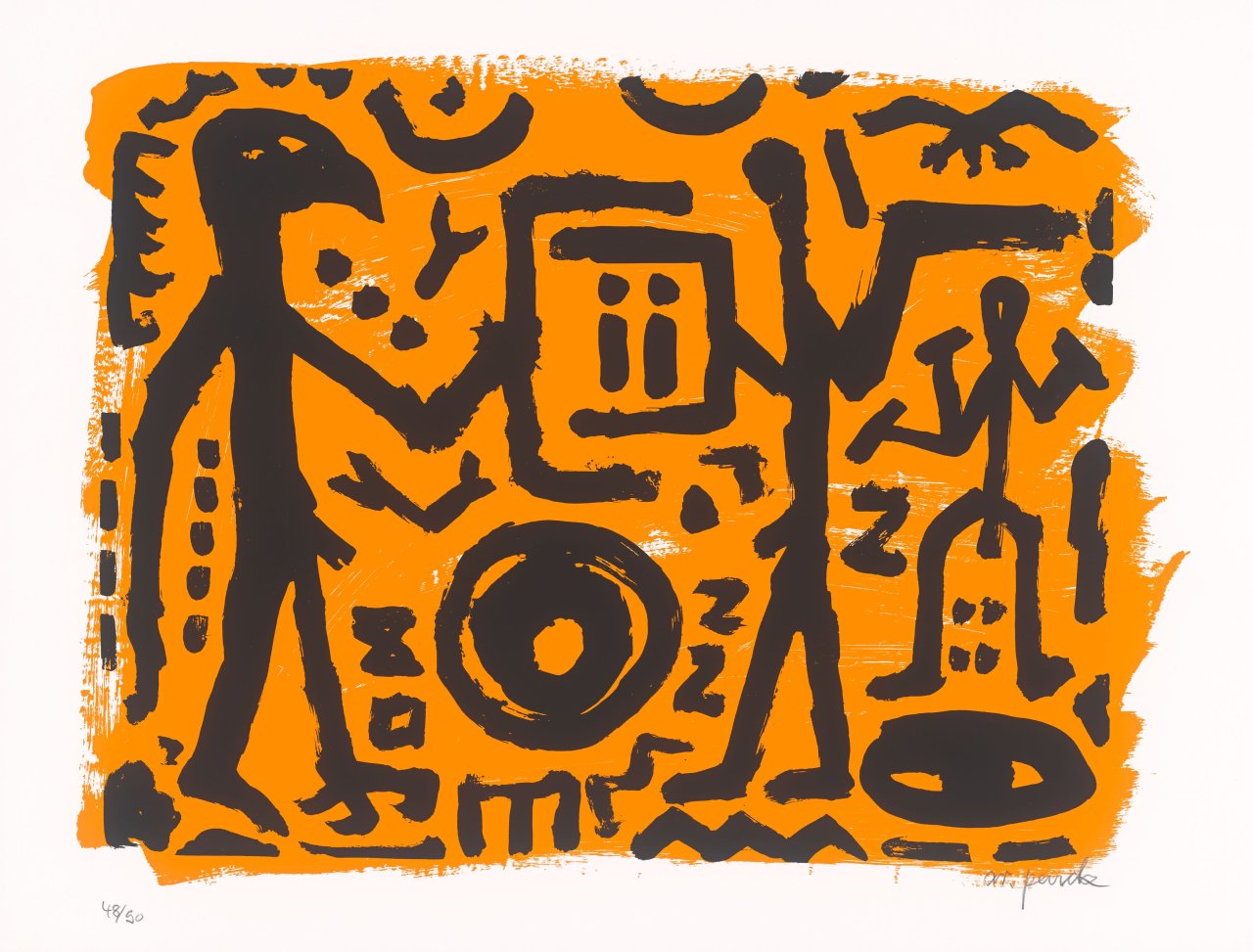Auf diesem Bild ist das folgende Kunstwerk zu sehen: A.R. Penck. „Falkenkopf, Jäger und Adler“. 1994.