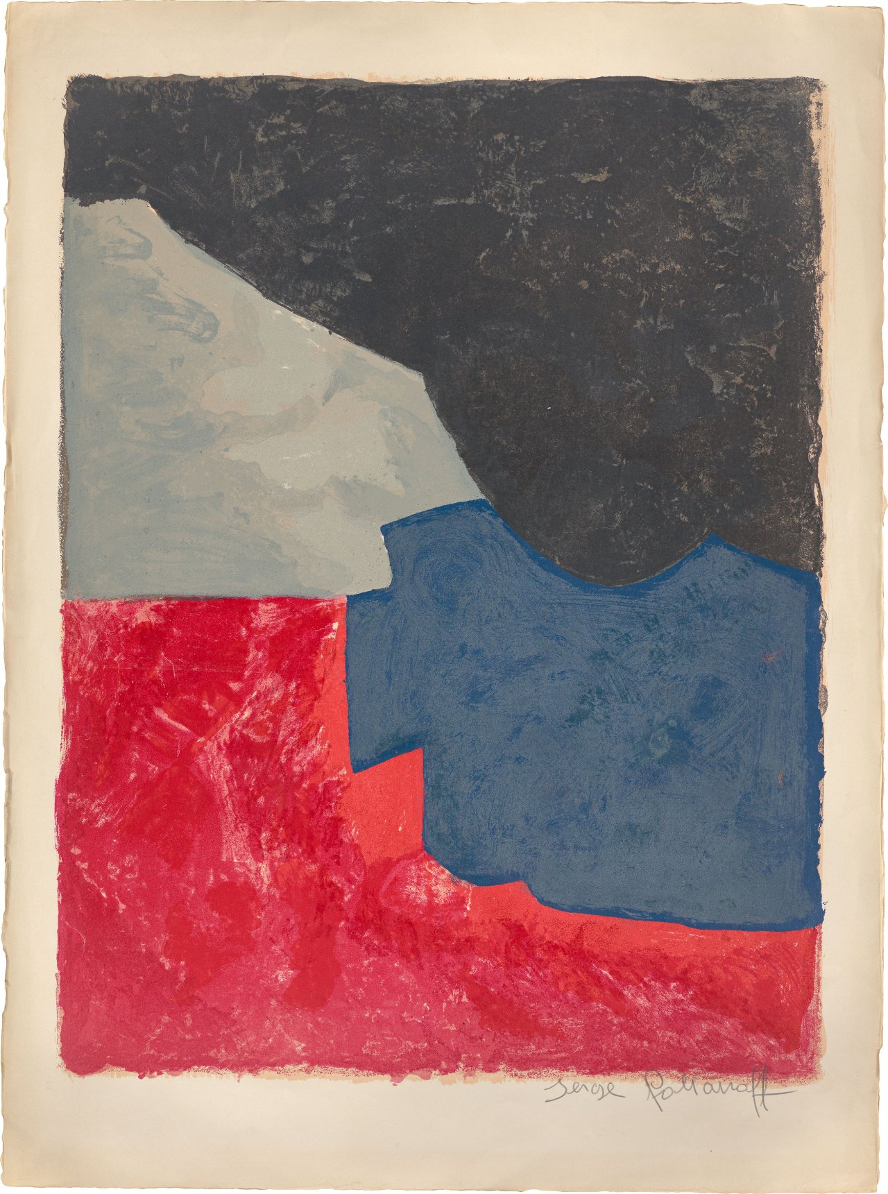 Auf diesem Bild ist das folgende Kunstwerk zu sehen: Serge Poliakoff. „Composition rouge, grise et noire“. 1960.