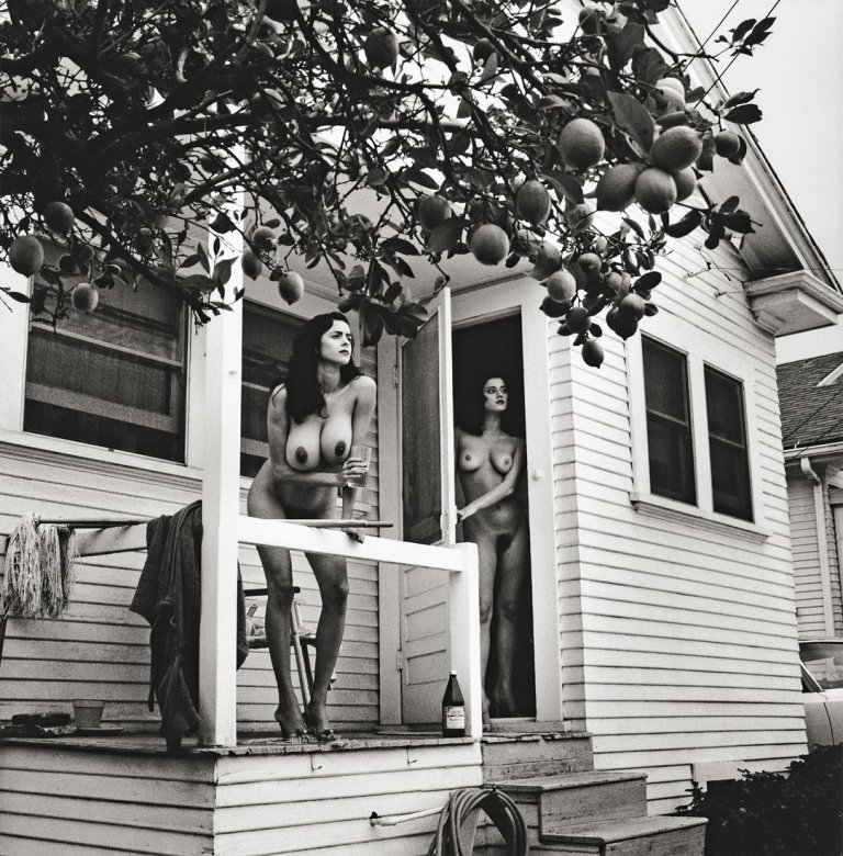 Auf diesem Bild ist das folgende Kunstwerk zu sehen: Helmut Newton. „2 Playmates with Lemon Tree, Los Angeles“. 1986.