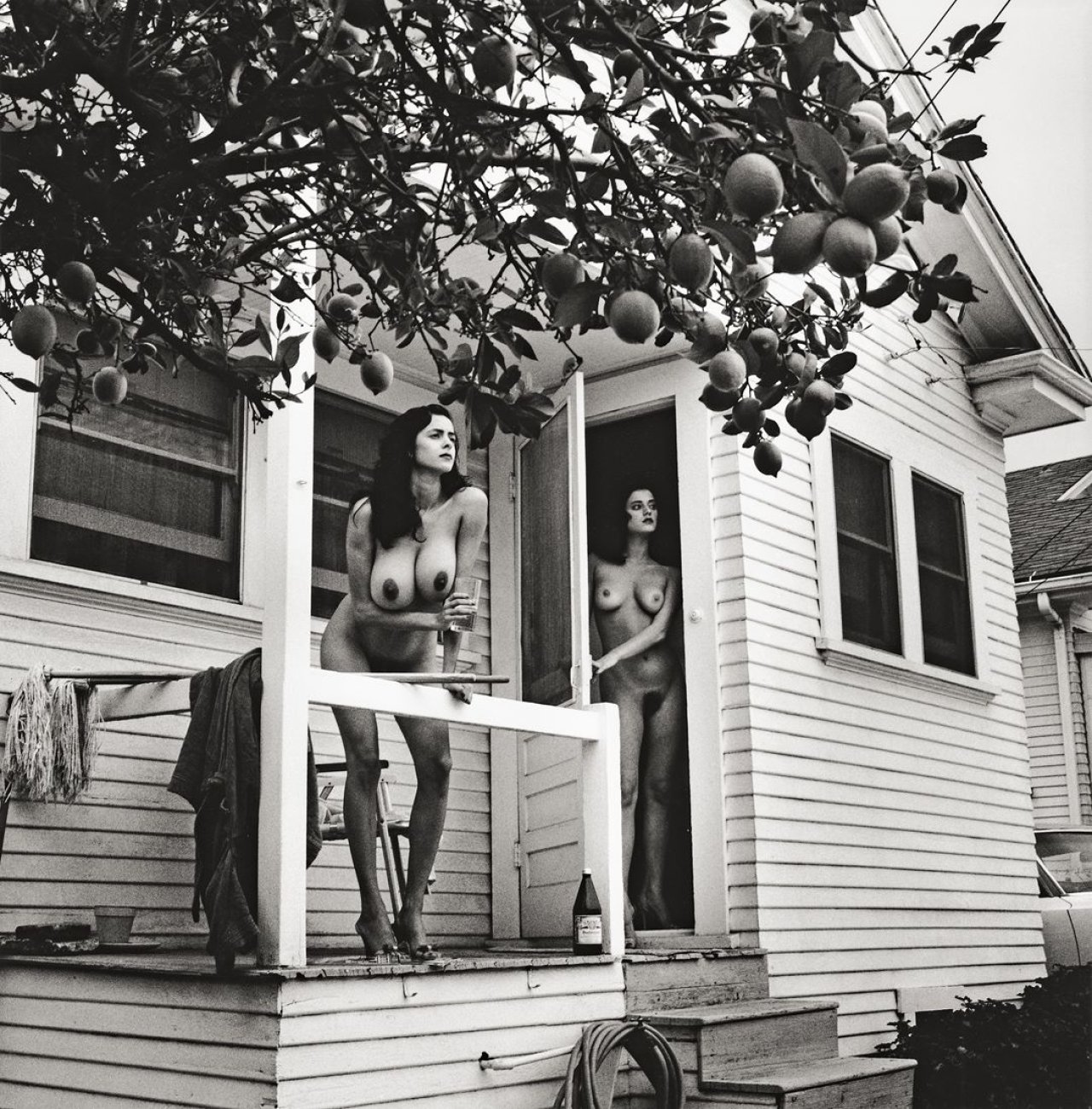 Auf diesem Bild ist das folgende Kunstwerk zu sehen: Helmut Newton. „2 Playmates with Lemon Tree, Los Angeles“. 1986.