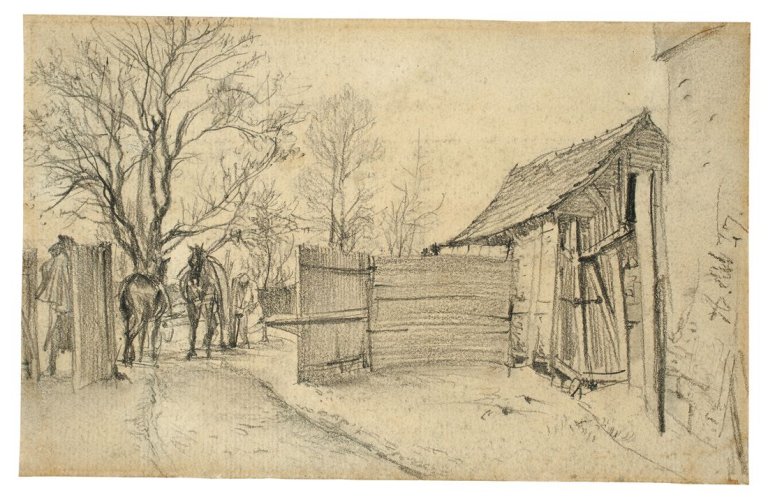 Auf diesem Bild ist das folgende Kunstwerk zu sehen: Adolph Menzel. Gehöft. 1847.