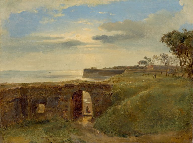Auf diesem Bild ist das folgende Kunstwerk zu sehen: Théodore Gudin. Küstenlandschaft mit Befestigungen.