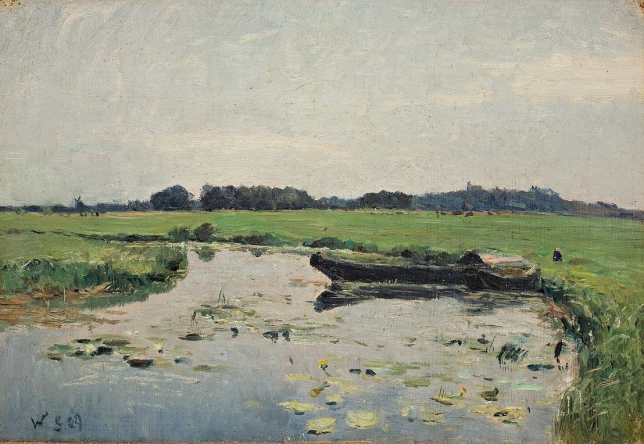 Auf diesem Bild ist das folgende Kunstwerk zu sehen: Otto Modersohn. Hamme mit Kähnen. 1889.