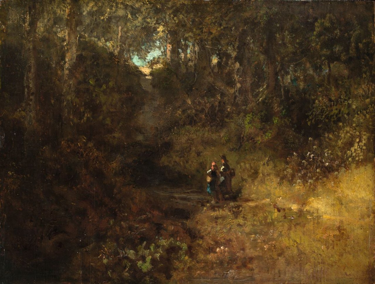 Auf diesem Bild ist das folgende Kunstwerk zu sehen: Carl Spitzweg. „Waldlandschaft mit zwei Frauen“. Um 1860.