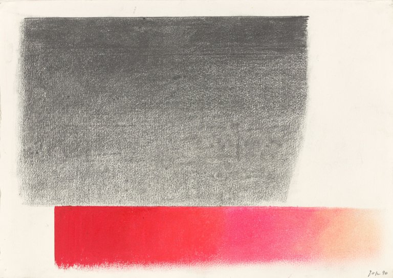 Auf diesem Bild ist das folgende Kunstwerk zu sehen: Rupprecht Geiger. Komposition grau - rot . 1990.