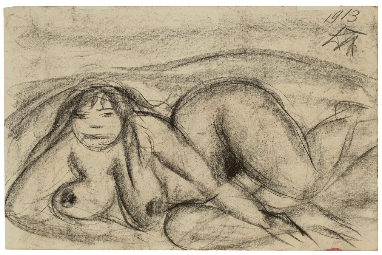 Auf diesem Bild ist das folgende Kunstwerk zu sehen: Otto Dix. „Liegender weiblicher Akt“. 1913.