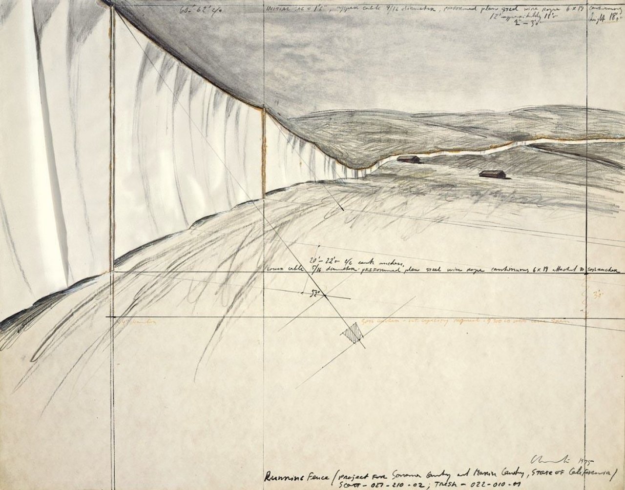 Auf diesem Bild ist das folgende Kunstwerk zu sehen:  Christo. „Running Fence“. 1975.