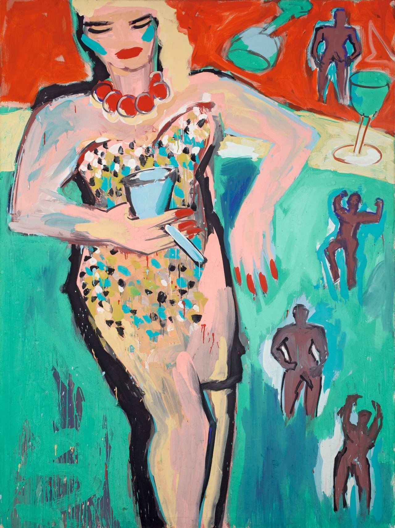 Auf diesem Bild ist das folgende Kunstwerk zu sehen: Elvira Bach. „Frau an der Bar“. 1982.