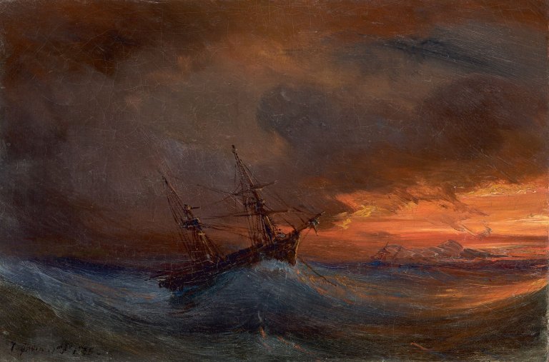 Auf diesem Bild ist das folgende Kunstwerk zu sehen: Théodore Gudin. Schiff in stürmischer See bei Sonnenuntergang.