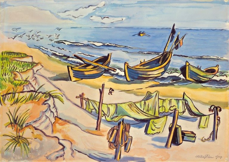 Auf diesem Bild ist das folgende Kunstwerk zu sehen: Max Pechstein. Fischerboote am Strand. 1949.